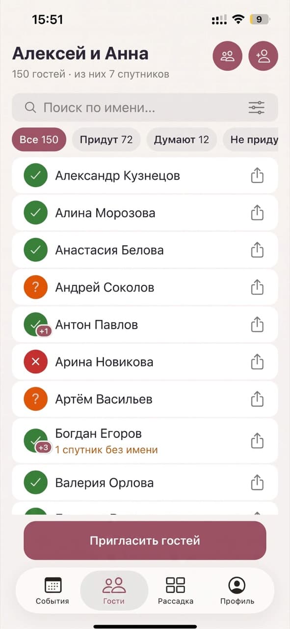 Список гостей с цветными статусами ответов и фильтрами