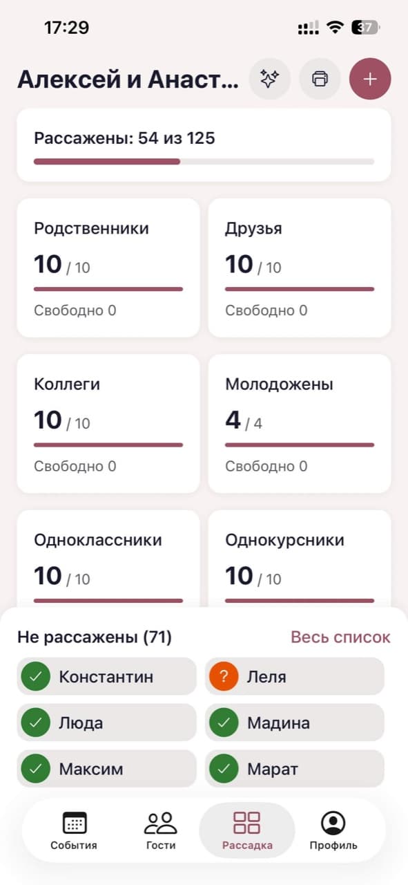 Экран рассадки: столы с занятостью и не рассаженные гости